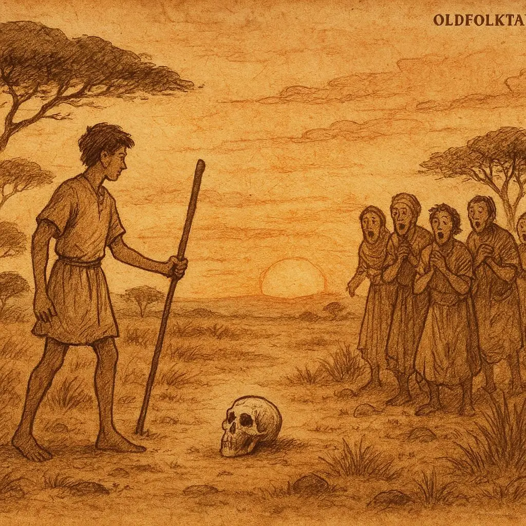 Young man striking skull with staff as villagers watch, Angolan Kimbundu folktale scene in parchment-style illustration.