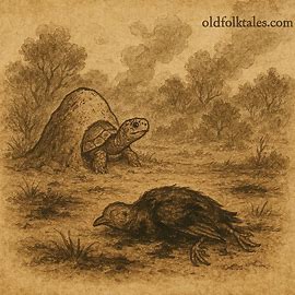 Turtle at ant-hill, burnt Partridge nearby, Angolan folktale bushfire scene.