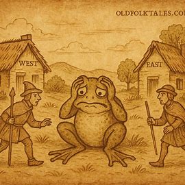 Frog Kumboto troubled as two messengers arrive from his wives, Angolan folktale of conflict and favoritism.