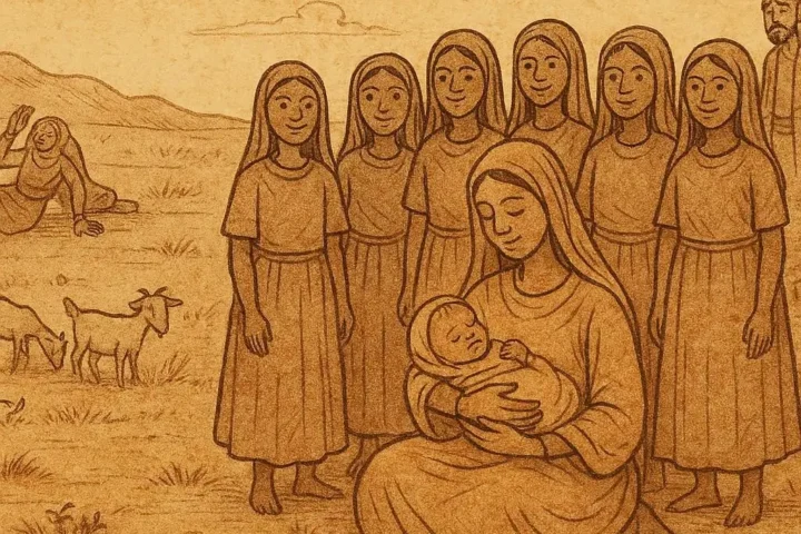 Parchment-style Somali folktale illustration of first wife with newborn son Durbananti, daughters, husband, and shocked second wife.