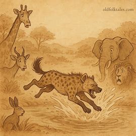 Hyena outsmarts animals by washing at once to become imam in Mossi folktale, Burkina Faso parchment-style scene.