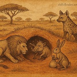 Illustration of warthog, lion, hare, and hyena in Mossi folktale from Burkina Faso, parchment-style storybook art.