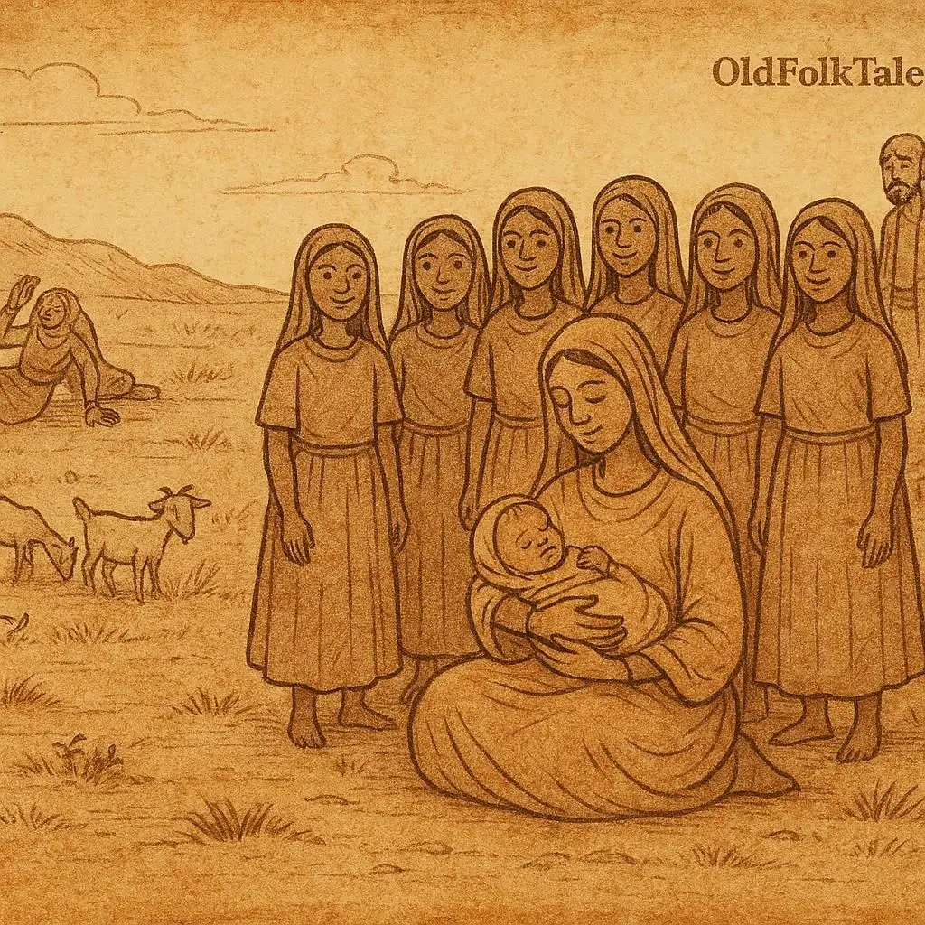 Parchment-style Somali folktale illustration of first wife with newborn son Durbananti, daughters, husband, and shocked second wife.