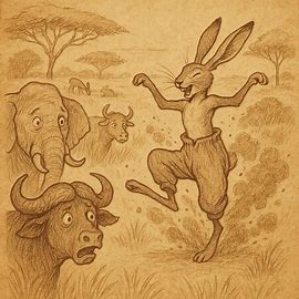 Hare dancing in trousers releasing ashes, outsmarting Elephant and Buffalo in Mossi folktale.
