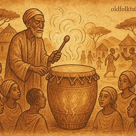 Illustration of Sudanese elder striking a magical drum that warns villagers to live in peace and harmony.