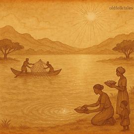 Burundian villagers honor Lake Tanganyika with offerings while fishermen sail, symbolizing abundance and mystery in Burundian folktale.