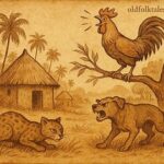 Wild Cat, Dog, and Rooster in a tense Malagasy village scene, teaching lessons on loyalty and consequences.