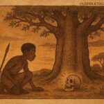 Young Kimbundu hunter finds a talking skull under a baobab tree, Angola folktale in parchment style.