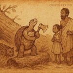 Tortoise fells giant tree to win Njambo’s daughter Ndenga in Equatorial Guinea folktale of wit and perseverance.
