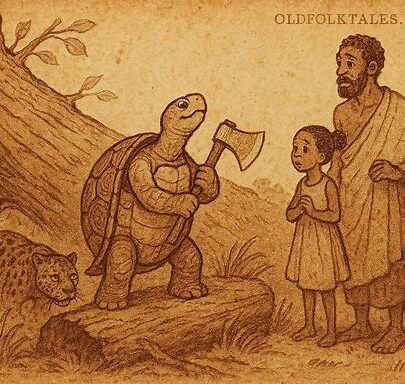 Tortoise fells giant tree to win Njambo’s daughter Ndenga in Equatorial Guinea folktale of wit and perseverance.