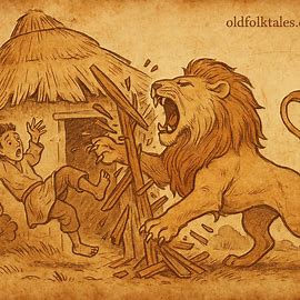 Illustration of a lion destroying a hut with a frightened man outside, from a Kimbundu folktale in Angola.
