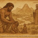 Nkubito creating the first Burundian people from clay with Mwami nearby, symbolizing Burundi’s divine origin myth.