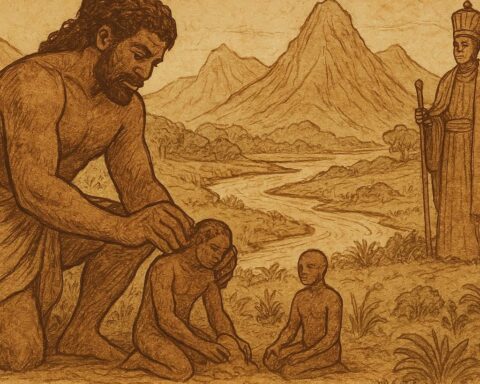 Nkubito creating the first Burundian people from clay with Mwami nearby, symbolizing Burundi’s divine origin myth.