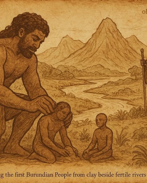 Nkubito creating the first Burundian people from clay with Mwami nearby, symbolizing Burundi’s divine origin myth.