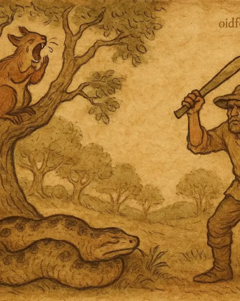 Squirrel mourning from a tree as hunter discovers swollen Adder below in this Equatorial Guinean folktale.