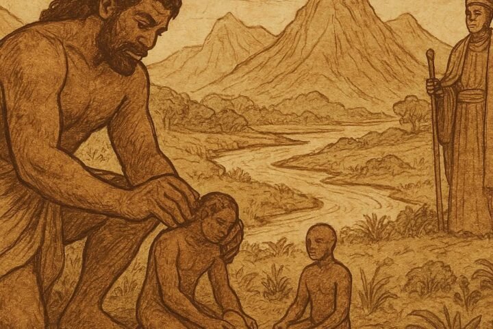 Nkubito creating the first Burundian people from clay with Mwami nearby, symbolizing Burundi’s divine origin myth.