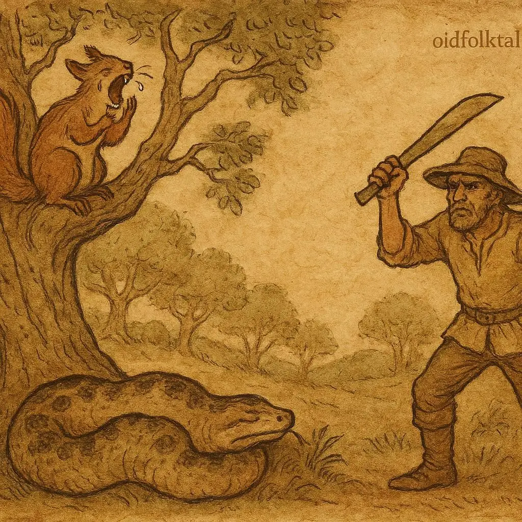Squirrel mourning from a tree as hunter discovers swollen Adder below in this Equatorial Guinean folktale.
