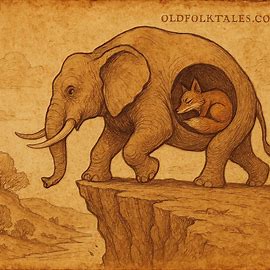 Fox hiding inside elephant as it leaps from a cliff, Tigrean folktale from Eritrea, parchment-style illustration.