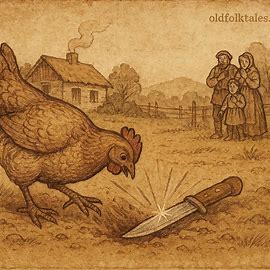 Hen uncovers knife while scratching earth, Tigrean folktale scene, Eritrean village background, parchment-style illustration.