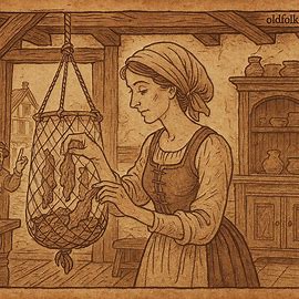 Clever wife stealing dried meat from net-basket while husband signals, Tigrean folktale, Eritrea.