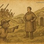 Kotofetsy tricks a proud man near a tomb as villagers approach with sticks, Merina folktale from Madagascar.