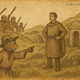 Kotofetsy tricks a proud man near a tomb as villagers approach with sticks, Merina folktale from Madagascar.