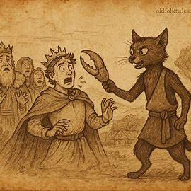 Merina folktale scene of Kotofetsy and Mahaka deceiving a king and prince with a crab claw trap.