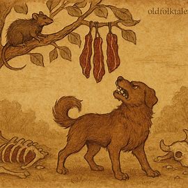 Dog glaring at rat on tree branch with meat strips, ox bones below, Malagasy folktale scene.