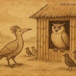 Takatra bird confronts owl inside house, other birds watching fearfully, Malagasy folktale illustration style.