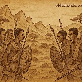 Illustration of Eritrean Ad Takles warriors divided into rival factions with spears and shields in the highland plains.