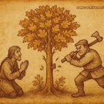 Poor man honors golden tree, greedy neighbor strikes with axe, Sudanese folktale scene in parchment-style illustration.