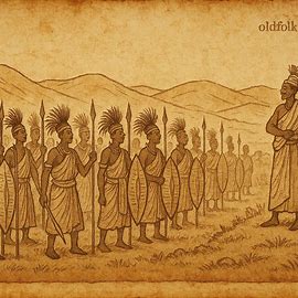 Illustration of Burundian Intore warriors in formation before their king, symbolizing bravery, loyalty, and cultural heritage.