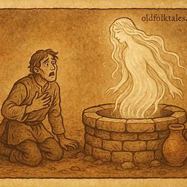 Sudanese folktale scene of man by stone well with spirit rising, parchment-style art.