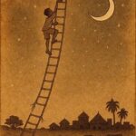 Sudanese folktale scene of a boy climbing rope ladder toward the Moon’s horns, symbolizing curiosity and respect.