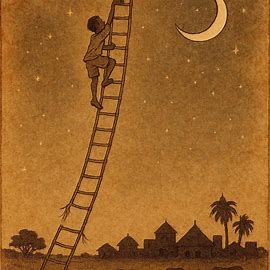 Sudanese folktale scene of a boy climbing rope ladder toward the Moon’s horns, symbolizing curiosity and respect.