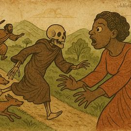 Imana chasing Death with dogs as a Burundian woman swallows him, origin tale of mortality.