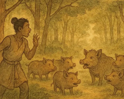 Bokona Bodikito listens in awe as hogs speak human language in a forest, Equatorial Guinean folktale.