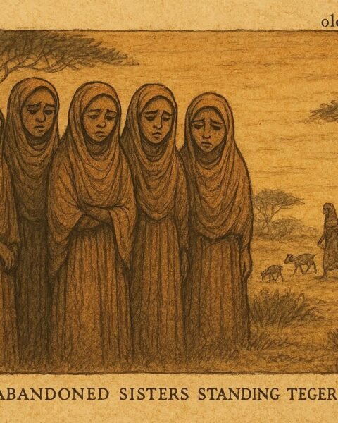 Parchment-style illustration of five Somali sisters abandoned in the bush, meeting shepherd girl with goats at dusk.