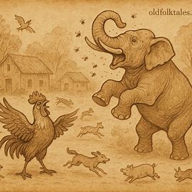 Rooster and bees defeat elephant in Mossi folktale from Burkina Faso, parchment-style illustration, earthy village setting.