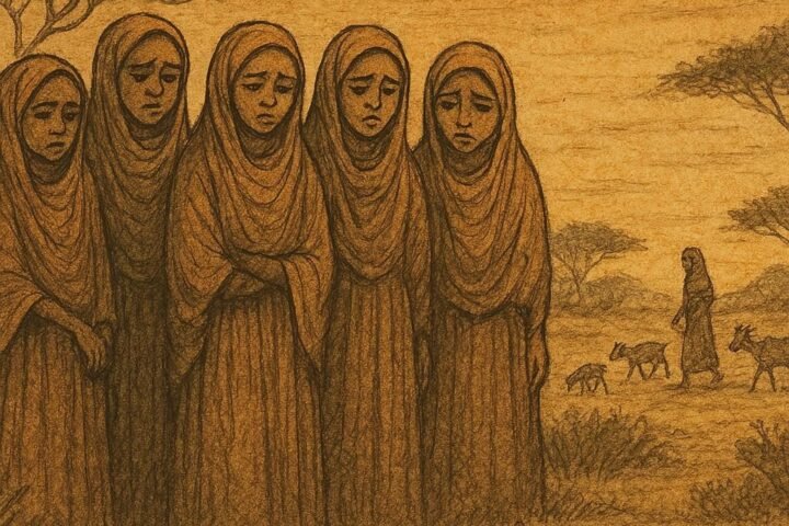 Parchment-style illustration of five Somali sisters abandoned in the bush, meeting shepherd girl with goats at dusk.