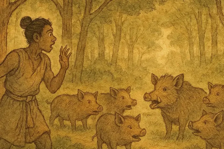 Bokona Bodikito listens in awe as hogs speak human language in a forest, Equatorial Guinean folktale.