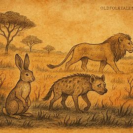 Hare watches lion confront hyena in scorched savanna; Mossi folktale scene with earthy storybook colors.
