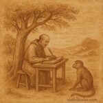 Scholar writing with guenon watching in a Tigrean folktale from Eritrea, parchment-style illustration with earthy tones.