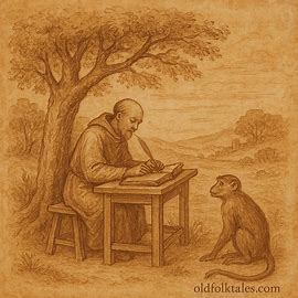 Scholar writing with guenon watching in a Tigrean folktale from Eritrea, parchment-style illustration with earthy tones.