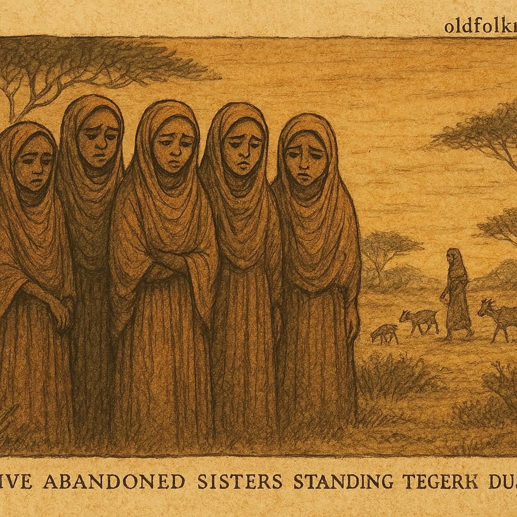 Parchment-style illustration of five Somali sisters abandoned in the bush, meeting shepherd girl with goats at dusk.