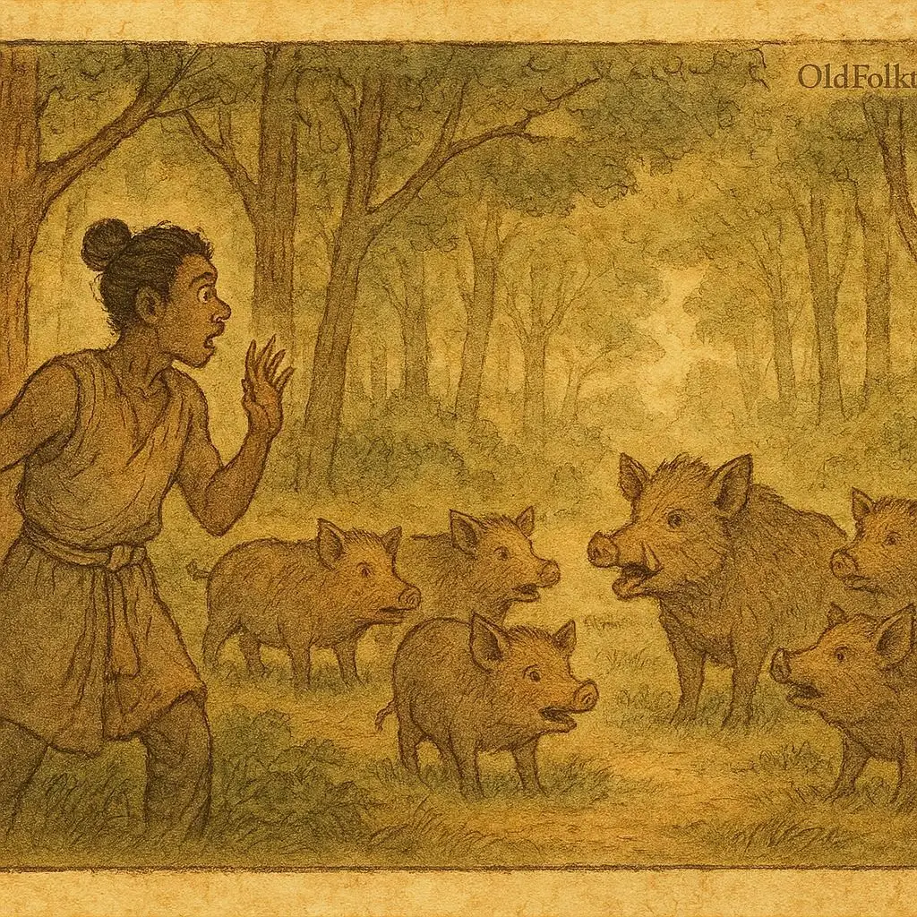 Bokona and the Talking Hogs – OldFolktales.com | FolktalesAfrica.com Bokona Bodikito listens in awe as hogs speak human language in a forest, Equatorial Guinean folktale.