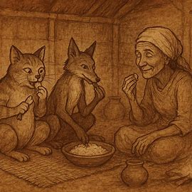 Tricksters Kotofetsy and Mahaka deceive an old shepherdess with sheep tails in this Merina folktale from Madagascar.