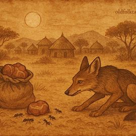 Sudanese folktale scene showing cunning jackal testing poisoned meat with ants near village, parchment-style art.