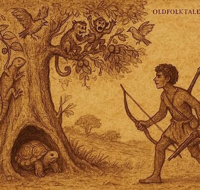 Tortoise, Snail, and Iguana at Evenga tree as birds and monkeys feast in Equatorial Guinea folktale.