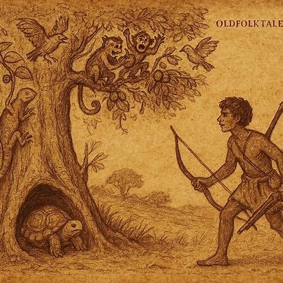 Death Begins by One Person – OldFolktales.com | FolktalesAfrica.com Tortoise, Snail, and Iguana at Evenga tree as birds and monkeys feast in Equatorial Guinea folktale.